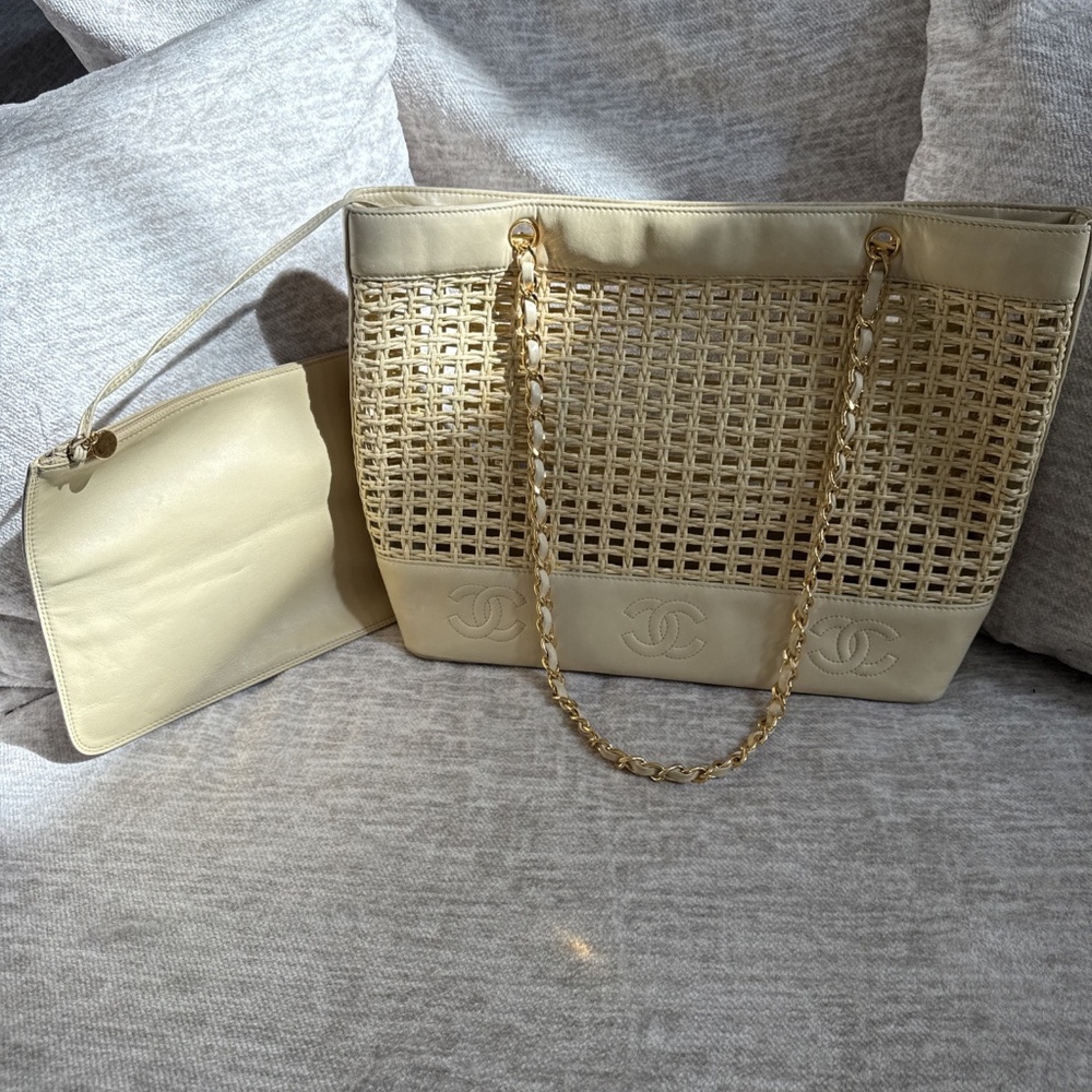 CHANEL Chain Tote Bag Straw Leather Beige Gold